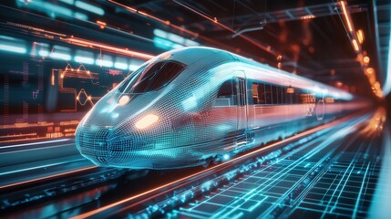 Poster - a high speed futuristic train gliding through a digital illuminated environment with a wireframe aes