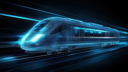 Poster - a sleek wireframe high speed train gliding at incredible velocity through a futuristic luminous envi