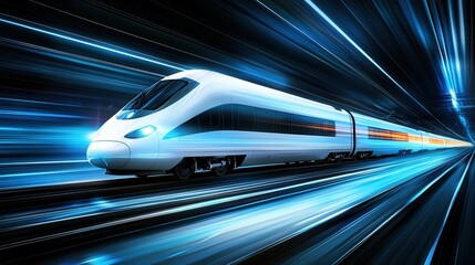 Poster - a sleek streamlined high speed train zooming through a blurred futuristic landscape with glowing wir