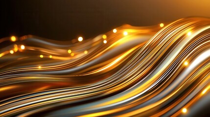 Poster - Luminous undulating golden neon lines create a mesmerizing and futuristic visual representation of digital data transfer or energy flow