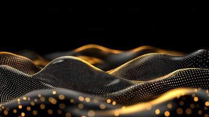 Poster - An abstract mesmerizing digital landscape featuring glowing undulating golden waves and shimmering bokeh lights creating a captivating futuristic and ethereal atmosphere