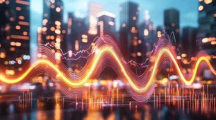 Poster - Mesmerizing glowing neon waves pulsing through a dynamic high tech cityscape with towering skyscrapers and a vibrant nighttime atmosphere