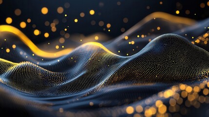 Poster - Captivating abstract landscape of undulating golden neon lines and shimmering bokeh lights creating a dynamic futuristic and ethereal visual experience