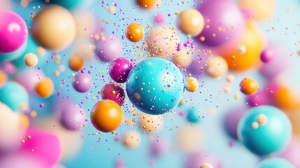 Poster - A visually striking and imaginative composition featuring a captivating array of vibrant surreal spheres in a dreamlike prismatic environment filled with sparkling confetti and a sense of playful