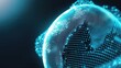 © ADD PHOTO - Futuristic 3D rendered digital sphere composed of a network of bright glowing points against a dark background creating a minimalist