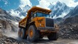© Vladyslav Tykhonov - A large yellow dump truck is driving through a rocky mountain pass. The truck is surrounded by snow and rocks. Concept of adventure and determination