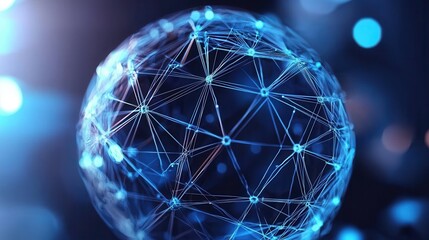 Poster - Captivating digital art piece featuring a shimmering luminous 3D wireframe sphere in a vibrant blue hue creating a futuristic technological landscape