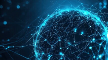 Poster - Futuristic blue digital globe with a complex interconnected network of data and information flow representing global connectivity and technological innovation