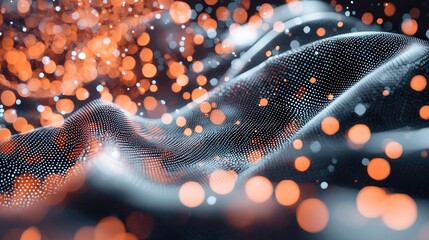 Poster - An abstract digital composition featuring a shimmering translucent sphere surrounded by a swirling array of glowing bokeh like particles and intricate fractal patterns