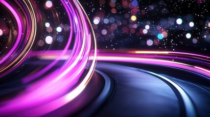 Poster - Vibrant swirling neon wave lines in shades of pink and gold against a dark futuristic background with glowing particles and bokeh effects