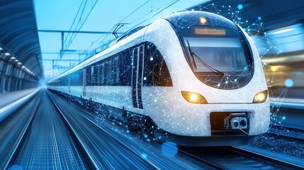 Poster - a sleek futuristic high speed train glides swiftly through a neon lit digital environment showcasing