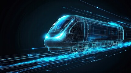 Poster - a futuristic energy efficient high speed train represented by a digital wireframe glowing with lumin