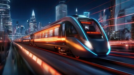 Poster - A high speed futuristic looking train with a glowing wireframe like design speeding through an illuminated ultramodern cityscape at night