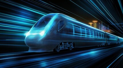 Poster - a speeding futuristic looking train moves rapidly through a dimly lit tunnel its sleek wireframe bod