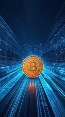 Poster - Digital Bitcoin Background with Glowing Effects and Data Streams
