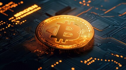 Poster - Golden Bitcoin Coin on Circuit Board with Illuminated Patterns