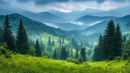 Poster - Gentle rain falls on the lush Carpathian forest, with mist rising from valleys and blending with the majestic mountains, creating an enchanting wilderness