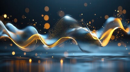 Poster - Captivating abstract image showcasing dynamic undulating gold and neon waves with a background of shimmering luminous bokeh lights creating a visually striking and ethereal atmosphere