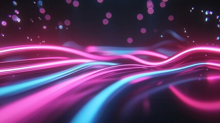 Poster - Dynamic and vibrant abstract display of high speed neon wave lines in a mesmerizing gradient of pink and blue hues creating a futuristic and ethereal visual experience