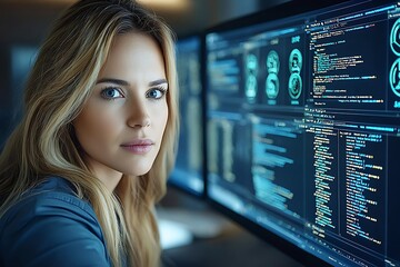 Woman programmer coding late night office