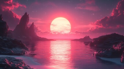 Wall Mural - a beautiful pink and orange sunset over a body of water with a large moon in the sky. the sky is fil