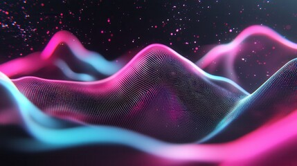 Poster - Vibrant and dynamic abstract image featuring high speed neon wave lines with glowing and shimmering effects in a futuristic digital landscape
