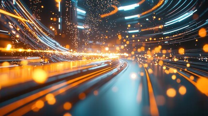 Poster - A dynamic futuristic scene depicting a high speed illuminated tunnel of glowing data streams and lights evoking a sense of advanced technology and digital progression