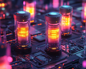 Poster - Glowing server towers with vibrant lights on circuit board background