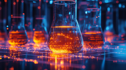 Poster - Glowing beakers and petri dishes with vibrant liquid in lab setting