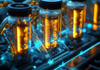 Poster - Digital lab test tubes illuminated with glowing cables and vibrant colors
