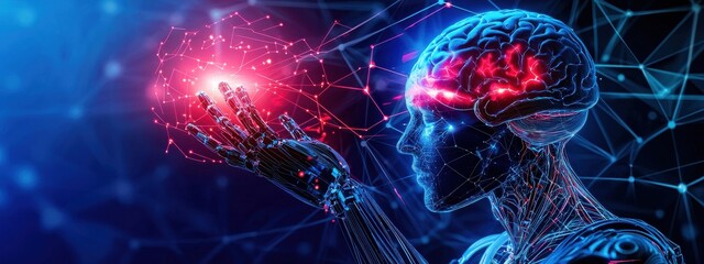 Poster - Futuristic Human Brain with Data Connections and Robotic Hand Display