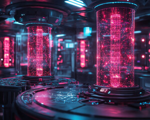 Aufkleber - futuristic biolab with glowing tubes and digital networks, showcasing advanced technology