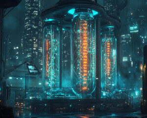 Poster - Futuristic biolab with glowing tubes and digital networks in cityscape
