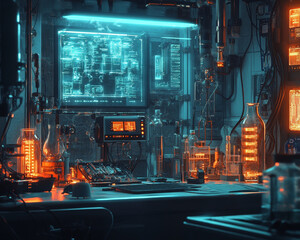 Poster - Futuristic biolab with glowing scientific equipment and advanced technology