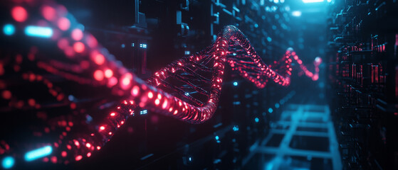 Poster - Futuristic glowing DNA sequence intertwined with digital cables in server