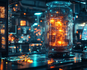 Poster - Futuristic biolab with glowing tubes and digital networks in high tech environment