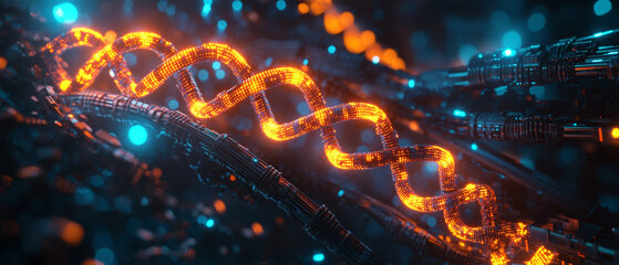 Poster - Futuristic glowing DNA sequence intertwined with tangled cables, showcasing technology