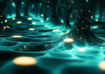 Poster - Futuristic network of glowing biological data points in vibrant environment