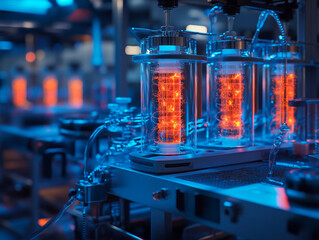 Poster - Glowing biochemical chambers with cables and vibrant colors in lab