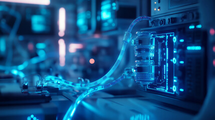 Poster - High tech medical lab equipment with glowing LAN cables and circuits