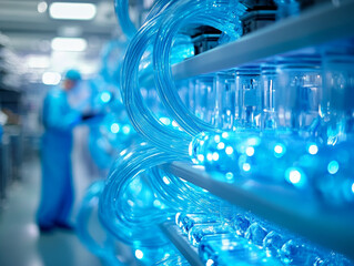 Poster - Laboratory machinery with blue tubes and glass containers in focus