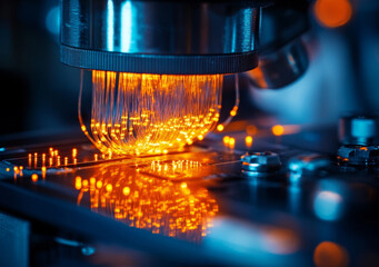 Poster - Microscope focusing on glowing fibers connected to LAN, showcasing technology