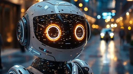 Poster - A futuristic robot with glowing eyes stands in a bustling urban environment at night