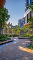Aufkleber - Visitors stroll along a gracefully winding wooden pathway, embraced by lush greenery and sleek modern buildings as sunlight bathes the urban square in warmth and vitality
