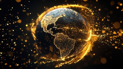 Poster - A dynamic visualization of a vast interconnected digital network spanning the Earth its energy and information flowing like waves of light across the world