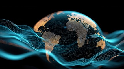 Poster - Futuristic digital visualization of a vast network of data flows and neural connections covering the Earth s globe representing the interconnectivity and technological advancement in the digital age