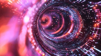Poster - Vibrant and dynamic digital visualization of glowing points flowing through a futuristic tunnel like cyber space suggesting a data transfer or energy flow