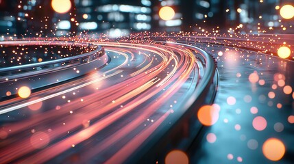 Poster - A captivating image of vibrant glowing neon waves of light trails capturing the dynamic movement and energy of a fast paced futuristic city at night