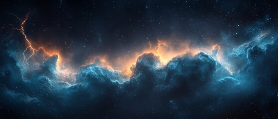 Wall Mural - a blue and orange cloud in the sky with a lightning bolt. the sky is dark and the clouds are large