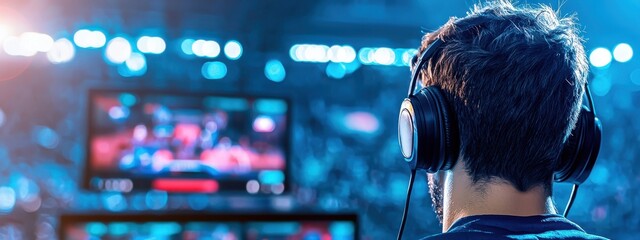 Poster - person wearing headphones watching competitive gaming event live